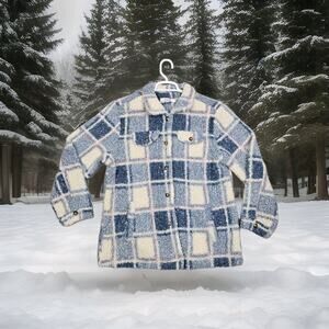 Womens Sherpa Jacket Blue Plaid Button Up Warm Cozy Winter Style White Pink Acce